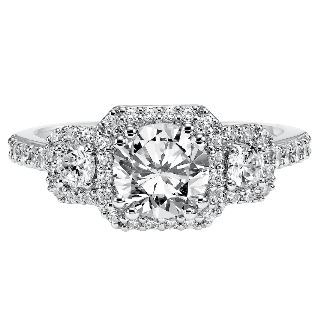 3-stone diamond engagement ring features prong set diamond halos surrounding each diamond whilst paired with a matching diamond band .  Center Stone is not included.