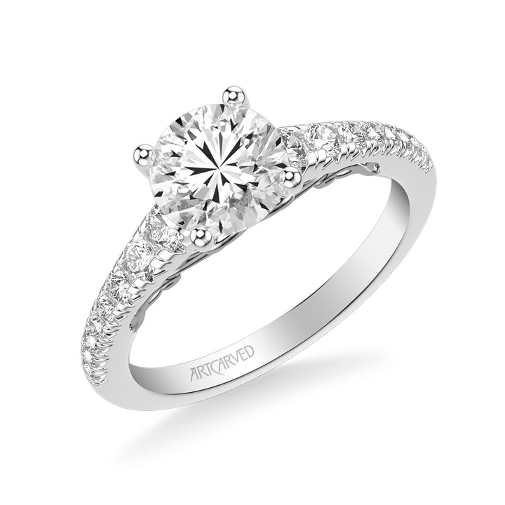 Lyric Engagement Ring with Carved Gallery details and Graduated Diamond Shank.  Center Stone is not included.