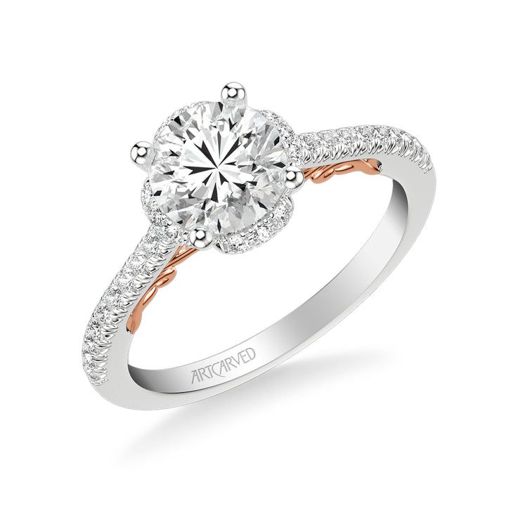 31-V1010GRWR-E.01 - ARTCARVED - Lyric Engagement Ring with Round Diamond Halo and Carved Gallery details with  Diamond Shank