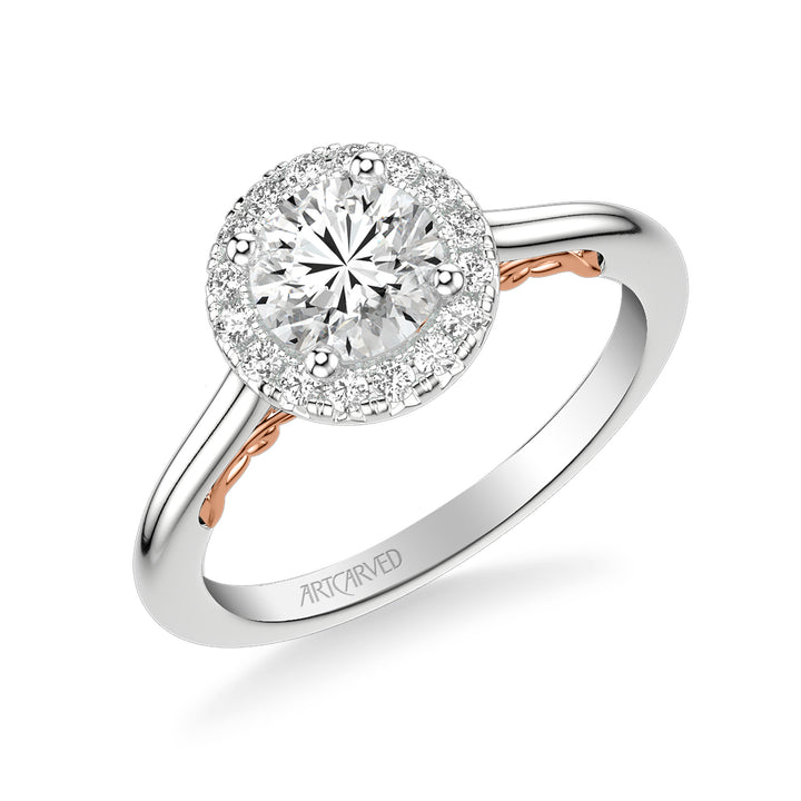 Lyric Engagement Ring with Round Diamond Halo and Carved Gallery details with Polished Shank.  Center Stone is not included.