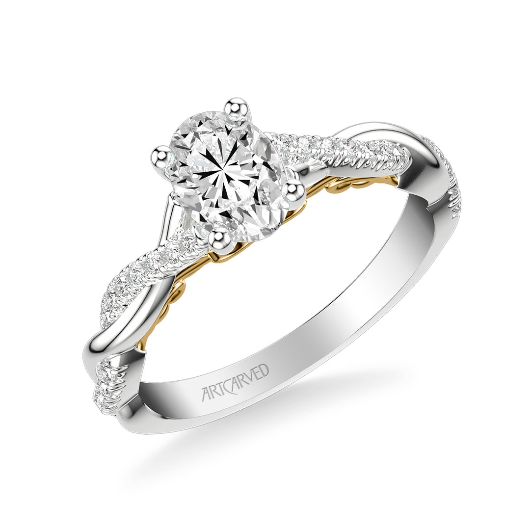 Lyric Engagement Ring with Carved Gallery details and Alternating Diamond and Polish Twist Shank.  Center Stone is not included.
