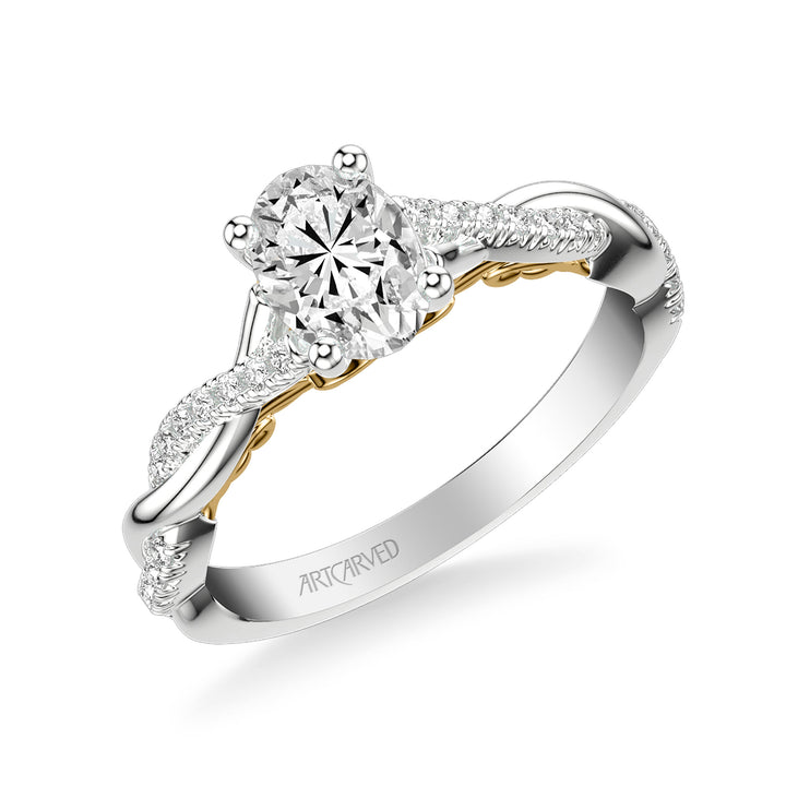 Lyric Engagement Ring with Carved Gallery details and Alternating Diamond and Polish Twist Shank.  Center Stone is not included.