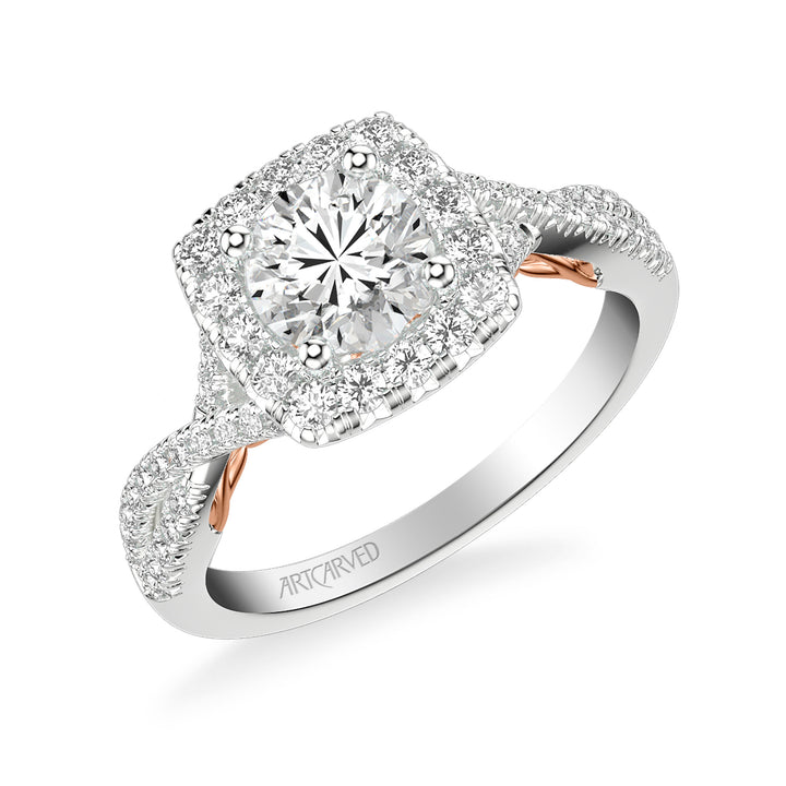 Lyric Engagement Ring with Cushion Diamond Halo and Carved Gallery details with Twist Diamond Shank.  Center Stone is not included.
