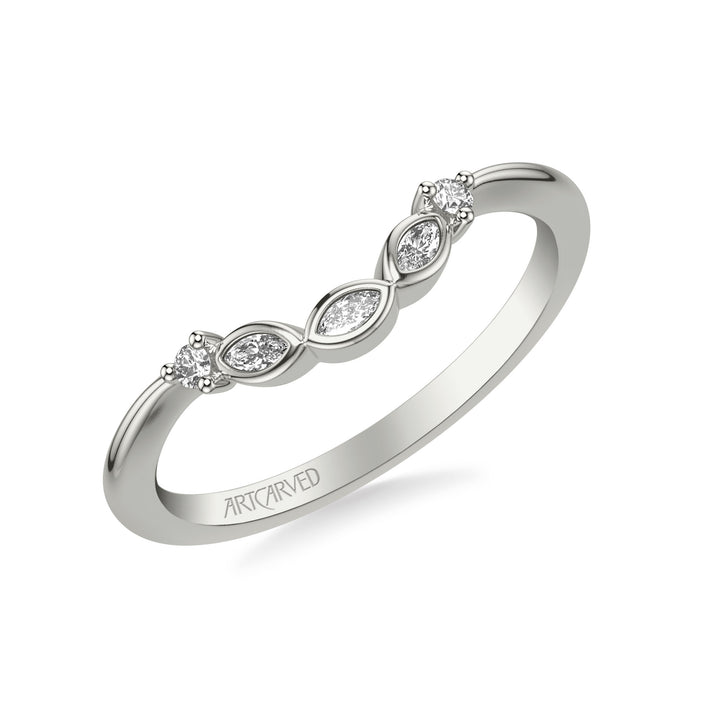 Floral Curved Wedding Band with Bezel Set Marquise Diamond Petal Accents