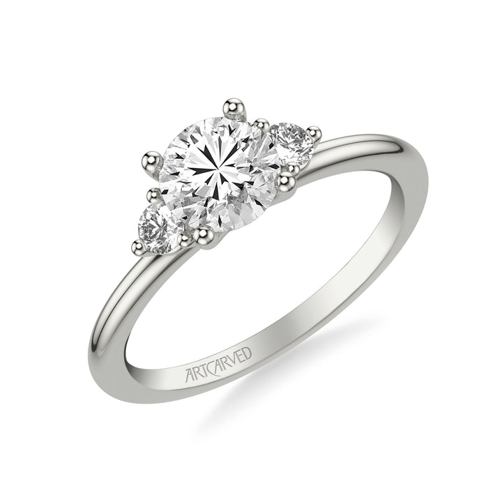 Classic Three-Stone Engagement Ring with Round Side Stone Diamonds.  Center Stone is not included.