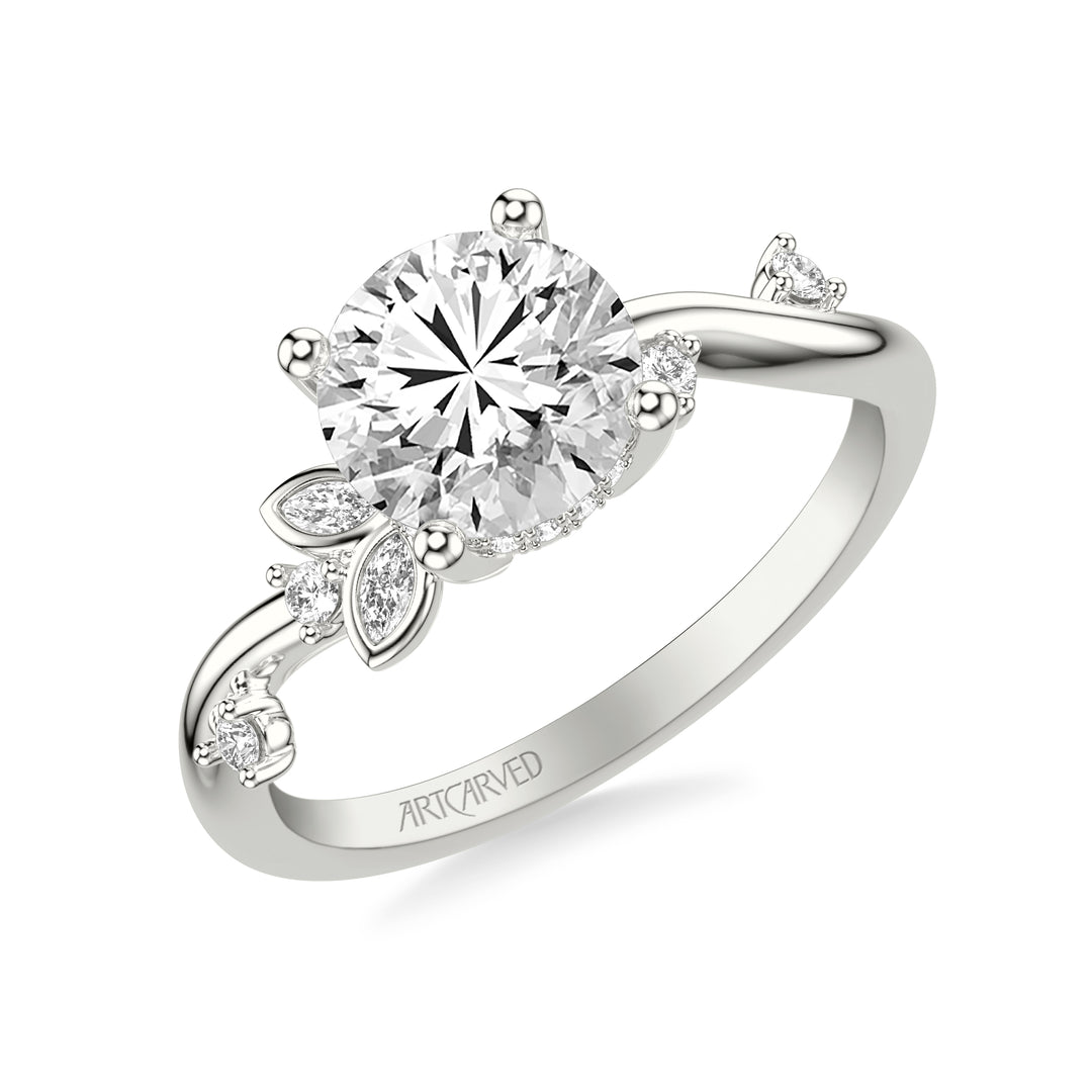 Floral Engagement Ring with Asymmetrical Marquise Diamond Petals and Round Floating Diamond Accent Shank.  Center Stone is not included.