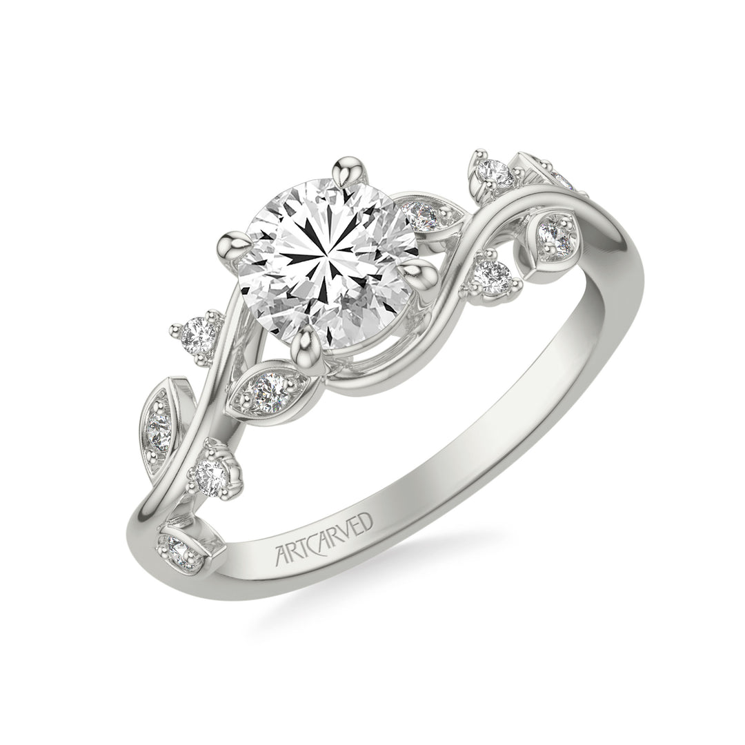31-V1036-E - ARTCARVED - Floral Engagement Ring with Diamond Petal Accents and Floating Diamonds and Polished Shank