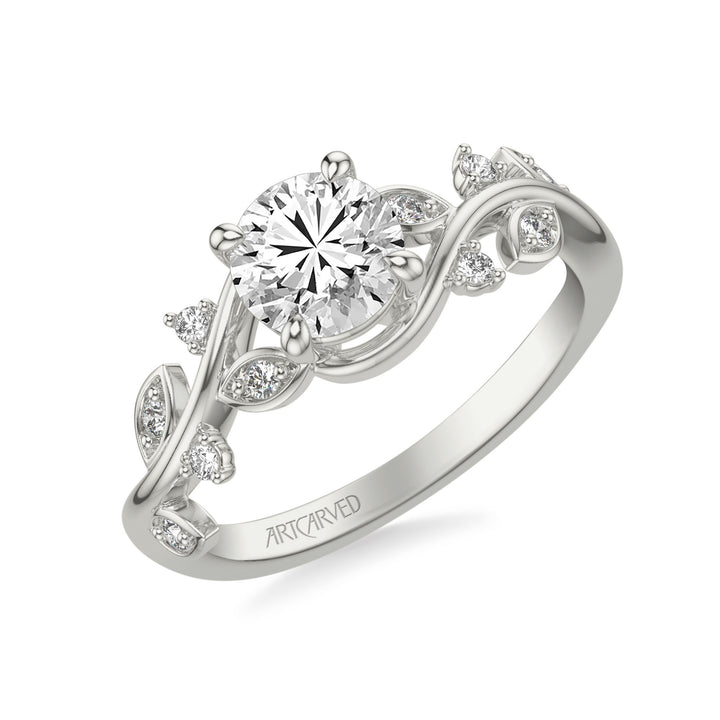 31-V1036DRW-E.01 - ARTCARVED - Floral Engagement Ring with Diamond Petal Accents and Floating Diamonds and Polished Shank