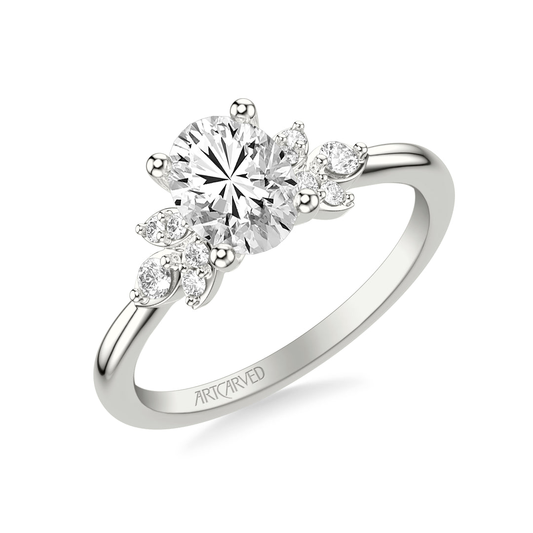 Floral Engagement Ring with Three Diamond Petals and Polished Shank.  Center Stone is not included.