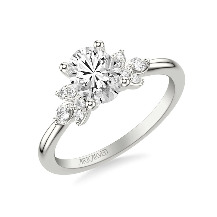Floral Engagement Ring with Three Diamond Petals and Polished Shank.  Center Stone is not included.