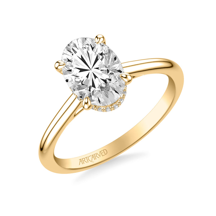 Classic Solitaire Engagement Ring with Floating Hidden Halo and Polished Shank.  Center Stone is not included.