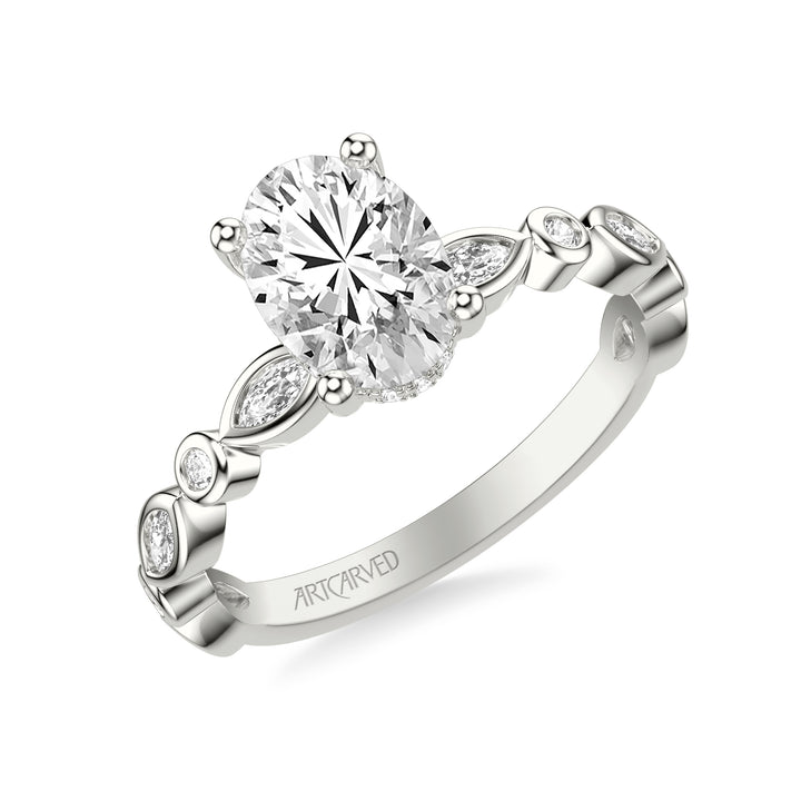 31-V1069-E - ARTCARVED - Floral Engagement Ring with Hidden Diamond Halo and Alternating Bezel Set Marquise and Round Diamonds