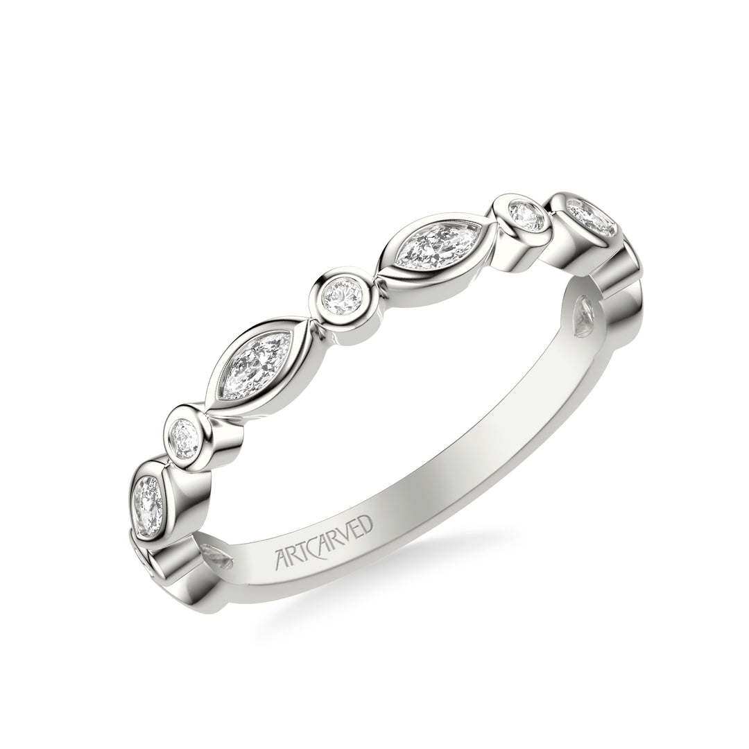 31-V1069-L - ARTCARVED - Floral Wedding Band with Alternating Bezel Set Marquise and Round Diamonds