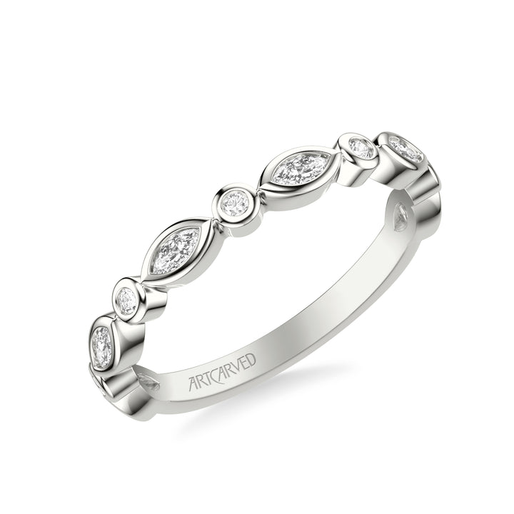 31-V1069-L - ARTCARVED - Floral Wedding Band with Alternating Bezel Set Marquise and Round Diamonds