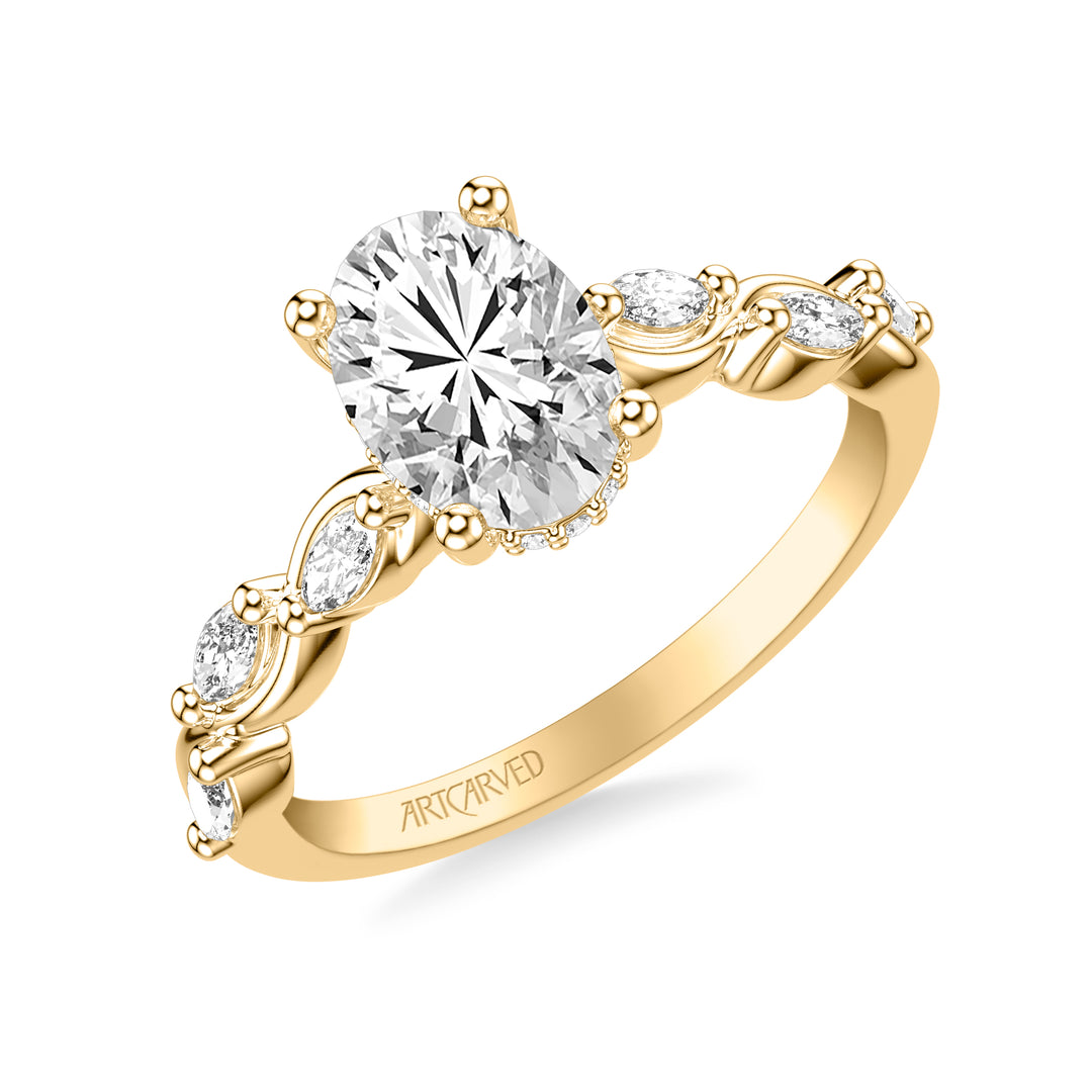 31-V1070-E - ARTCARVED - Floral Engagement Ring with Hidden Diamond Halo and Twisted Vine Bezel Set Marquise Diamonds