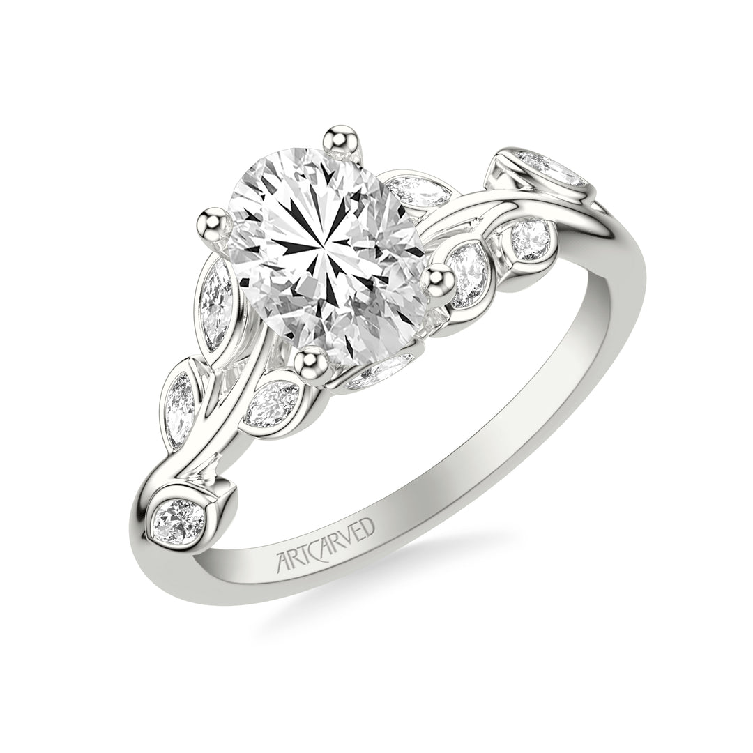 Floral Engagement Ring with Bezel Set Marquise Diamond Petals and Hidden Diamond Accents.  Center Stone is not included.