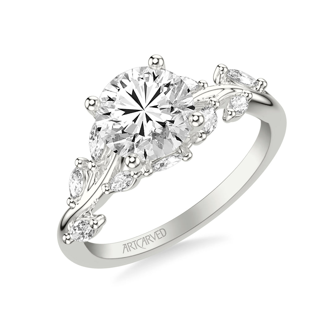 Floral Engagement Ring with Prong Set Marquise Diamonds and Hidden Diamond Accent.  Center Stone is not included.