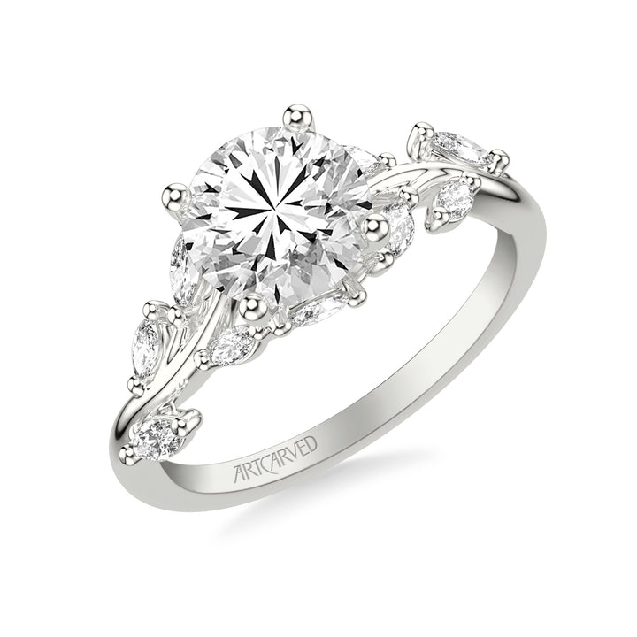 Floral Engagement Ring with Prong Set Marquise Diamonds and Hidden Diamond Accent.  Center Stone is not included.