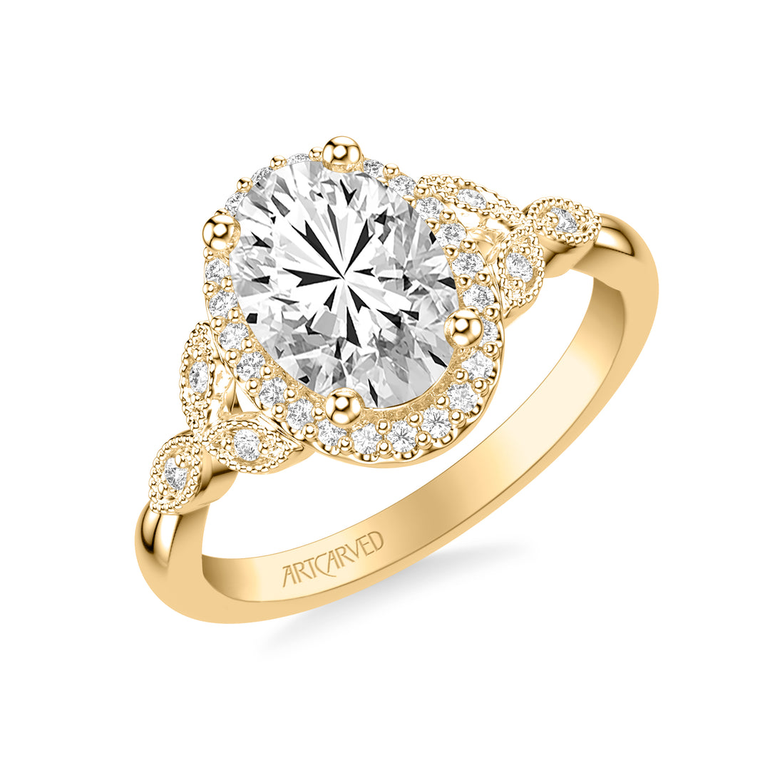 31-V1073-E - ARTCARVED - Floral Engagement Ring with Oval Diamond Halo and Milgrain Marquise Shape Diamond Petals
