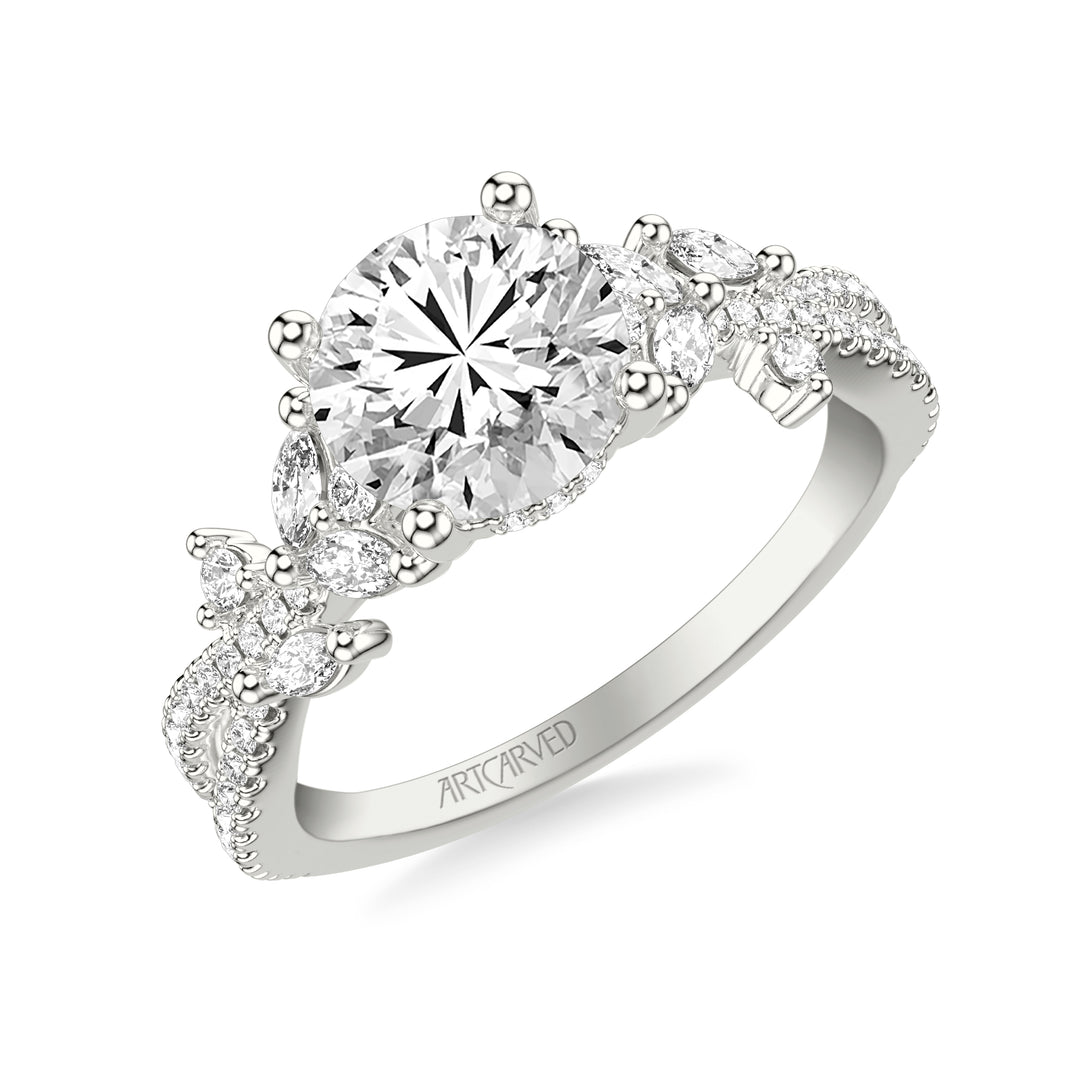 Floral Twist Engagement Ring with Hidden Diamond Halo and Prong Set Marquise and Round Diamond Accents.  Center Stone is not included.