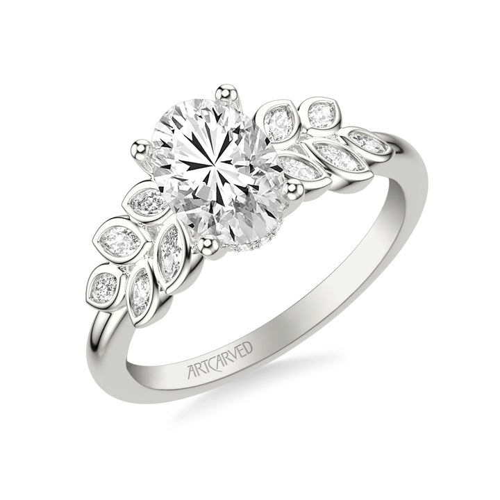 Floral Engagement Ring with Cluster Bezel Set Marquise Diamond Petals and Polished Shank .  Center Stone is not included.