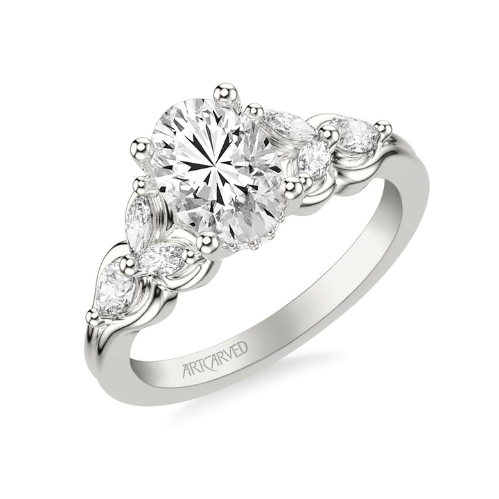 31-V1077-E - ARTCARVED - Floral Engagement Ring with Bezel Set Marquise Diamond Petals and Pear Diamond Accents with Double Row Polished Shank