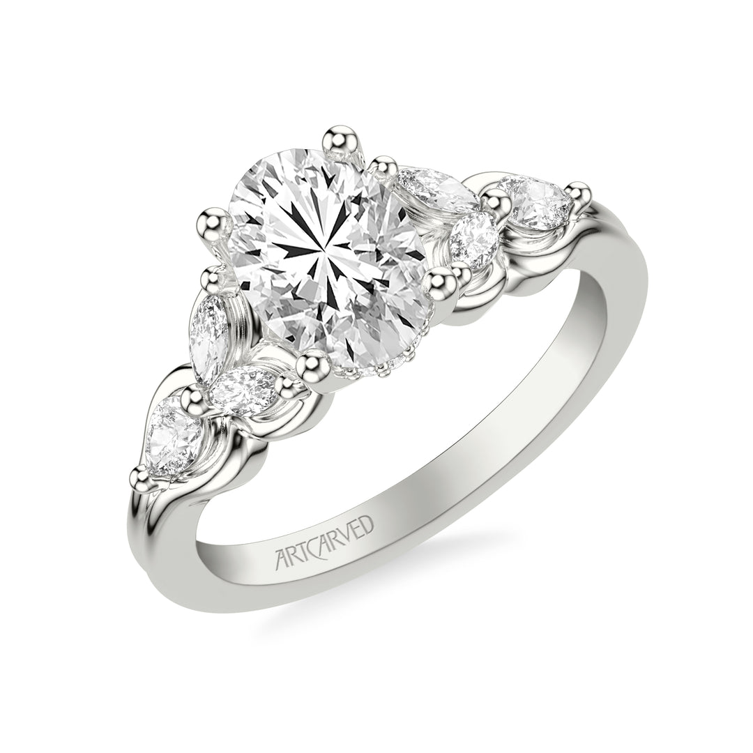31-V1077GRW-E.01 - Goldman - Floral Engagement Ring with Bezel Set Marquise Diamond Petals and Pear Diamond Accents with Double Row Polished Shank