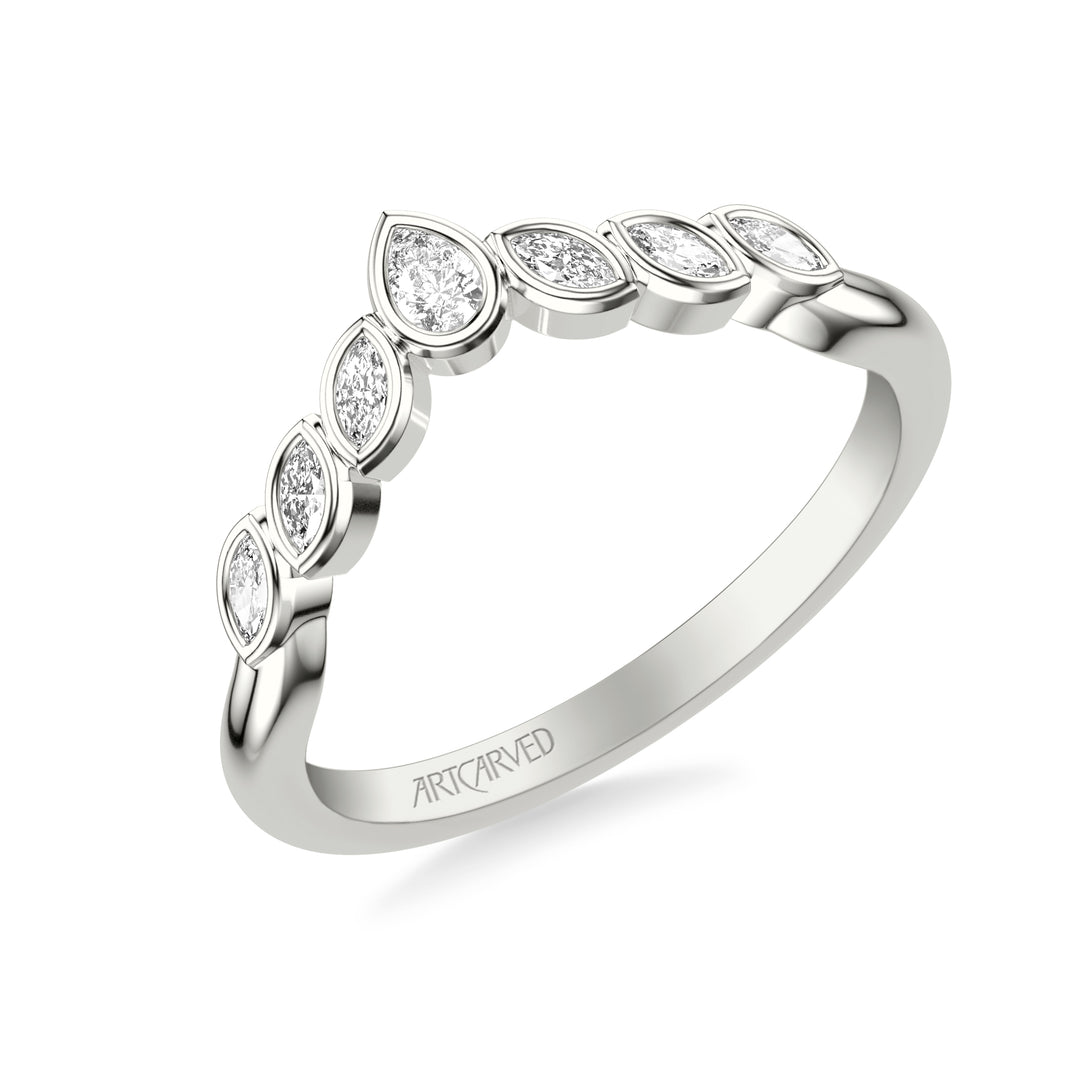 31-V1077W-L.00 - ARTCARVED - Floral Curved Wedding Band with Bezel Set Marquise and Pear Diamonds