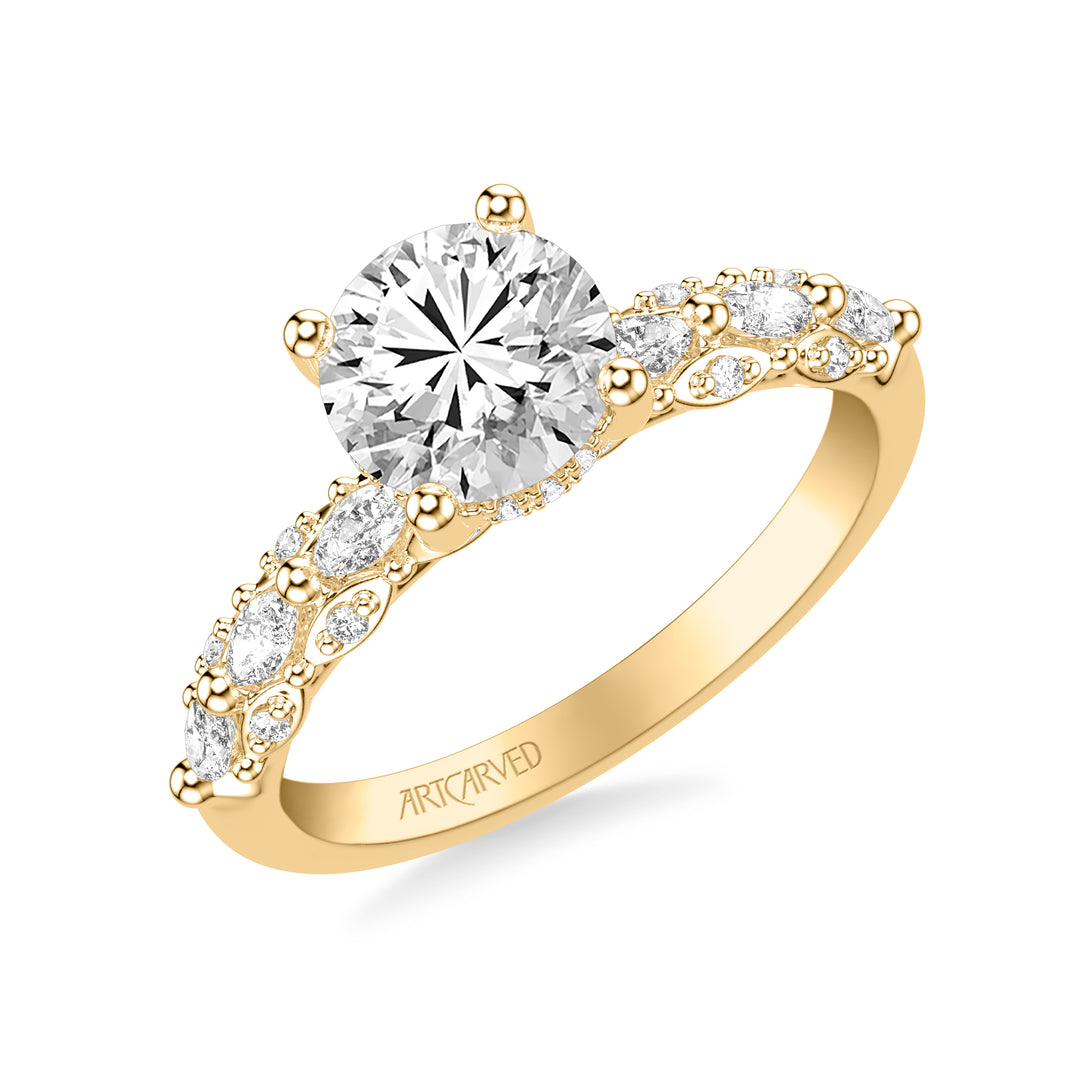 31-V1078-E - ARTCARVED -  Classic Engagement Ring with Triple Row Prong Set Round and Marquise Diamond Shank
