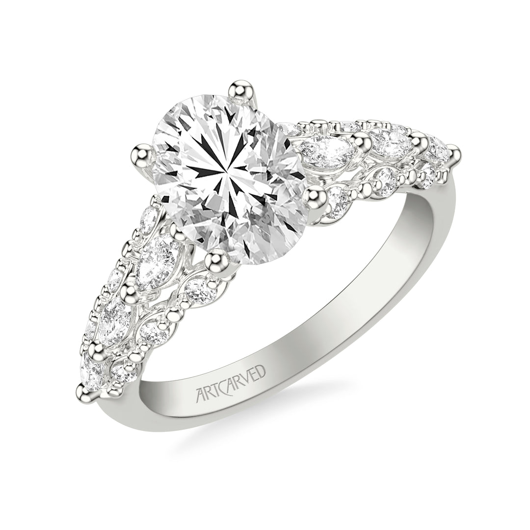 31-V1079-E - ARTCARVED -  Classic Engagement Ring with Cathedral Shank and Graduated Triple Row Prong Set Round and Marquise Diamond Shank