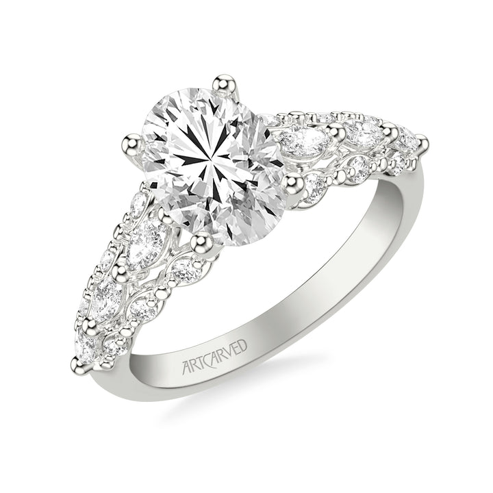 31-V1079-E - ARTCARVED -  Classic Engagement Ring with Cathedral Shank and Graduated Triple Row Prong Set Round and Marquise Diamond Shank