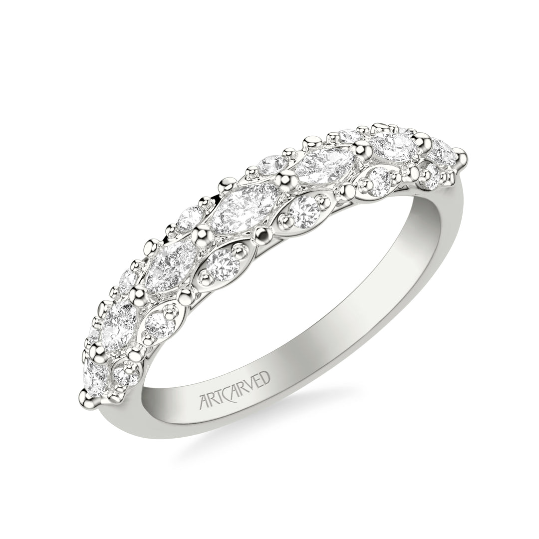31-V1079-L - ARTCARVED -  Classic Wedding Band with Triple Row Prong Set Round and Marquise Diamonds