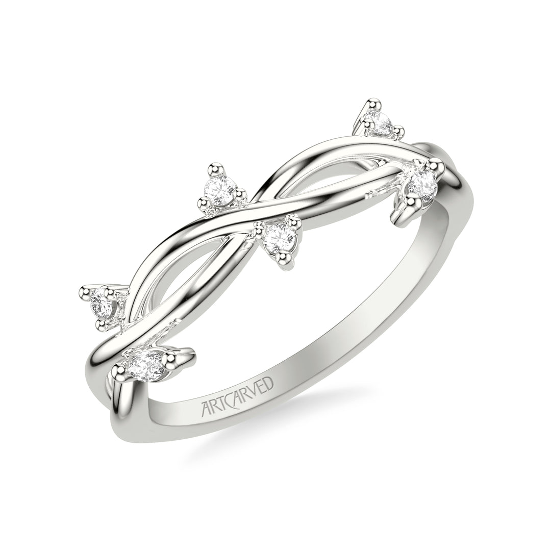 31-V1082-L - ARTCARVED - Floral Wedding Band with Floating Prong Set Marquise and Round Diamond Accents and Twisted Polished Shank