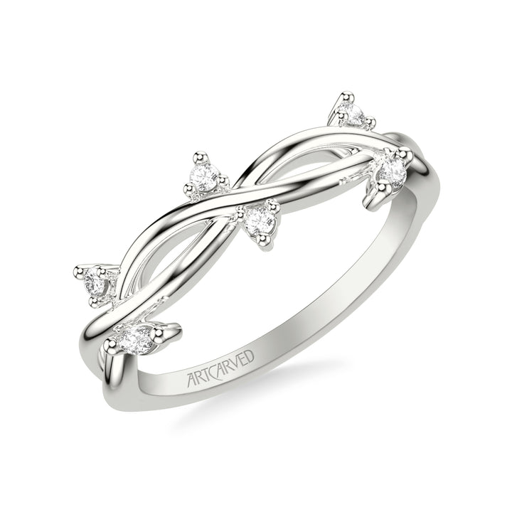 31-V1082-L - ARTCARVED - Floral Wedding Band with Floating Prong Set Marquise and Round Diamond Accents and Twisted Polished Shank