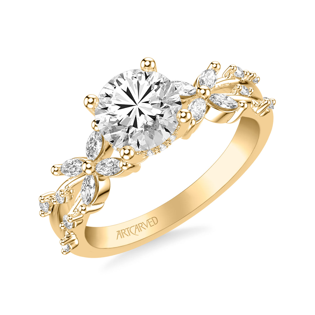 31-V1085-E - ARTCARVED - Floral Engagement Ring with Prong Set Marquise Diamond Petal Accents and Polished Bypass Shank
