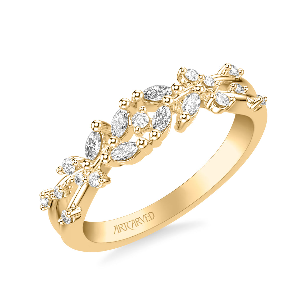 Floral Wedding Band with Prong Set Marquise Diamond Petal Accents and Polished Bypass