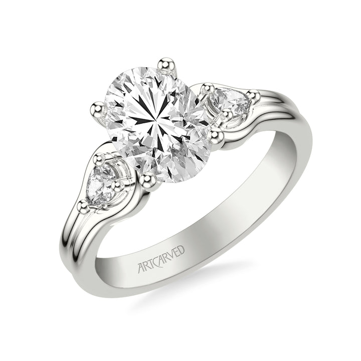 31-V1087HVW-E.01 - ARTCARVED - Classic Three-Stone Engagement Ring with Pear Side Stones and Double Row Polished Shank