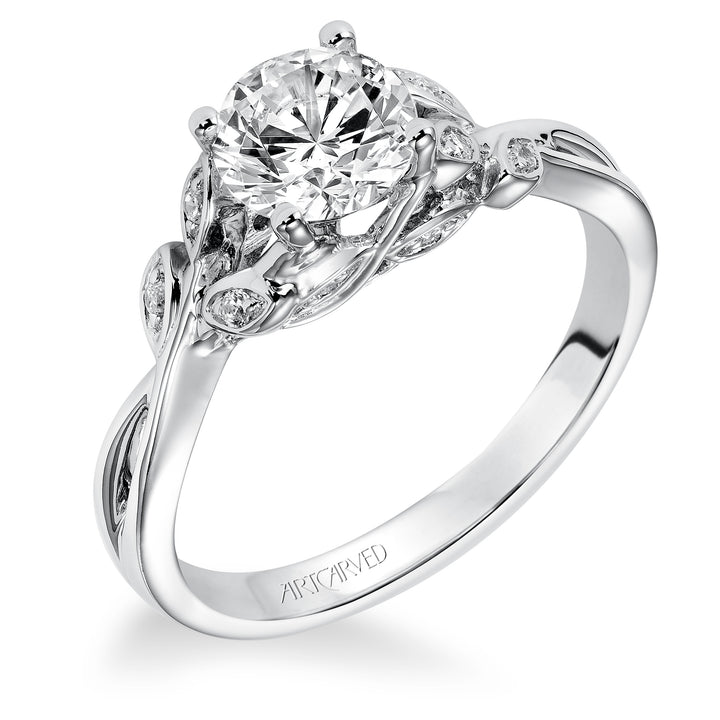 Floral Engagement Ring with Hidden Diamond Petal Accents and Polished Bypass Shank.  Center Stone is not included.