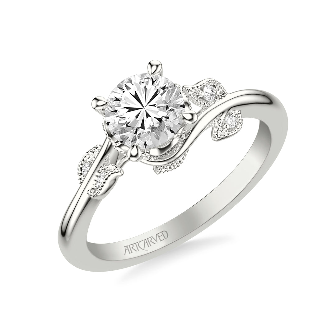 Floral Engagement Ring with Diamond and Milgrain Accented Petal Gallery and Polished Shank.  Center Stone is not included.