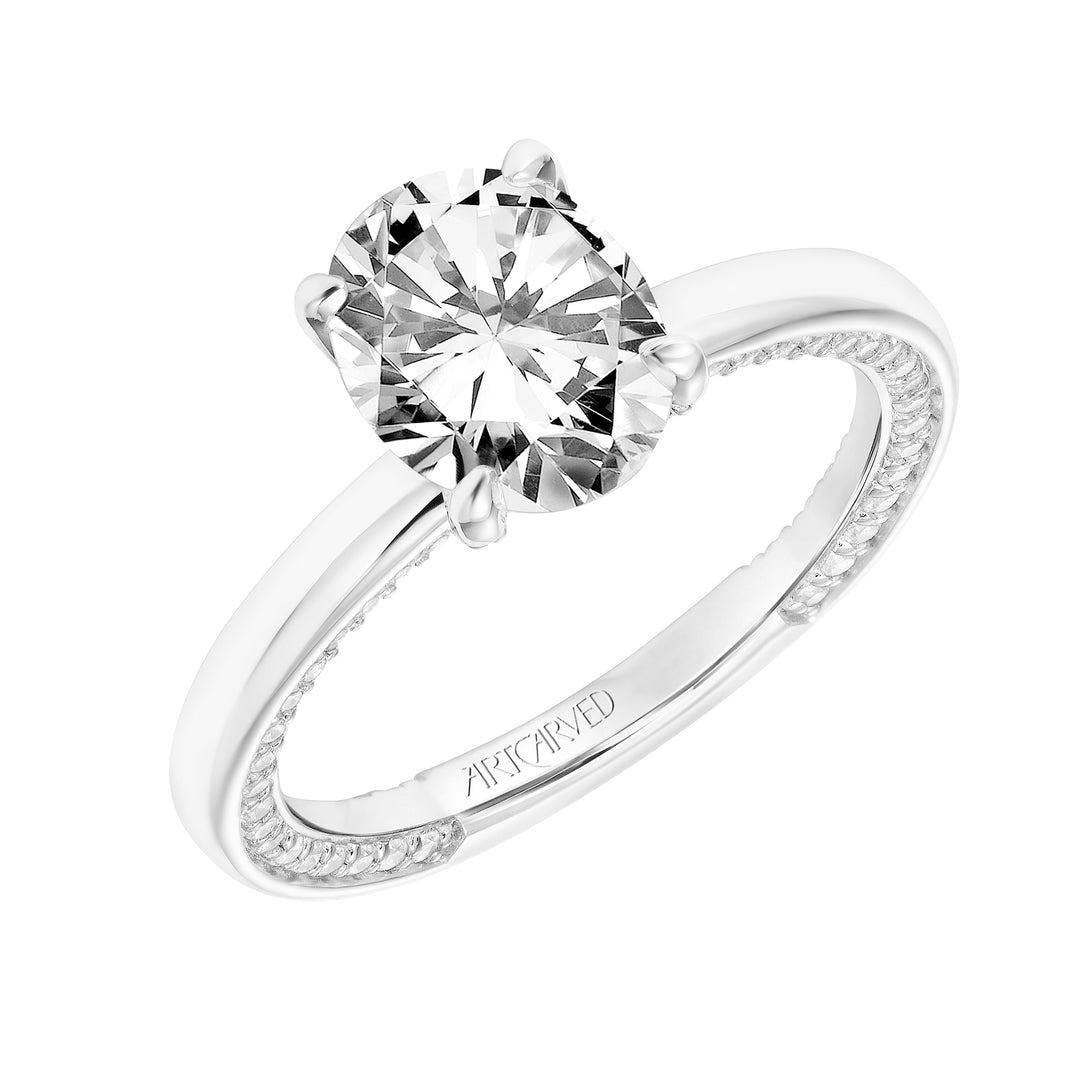 Diamond Engagement Ring with High Polished Shank with Diamond Accented Prongs & Row of Interior Diamonds.  Center Stone is not included.