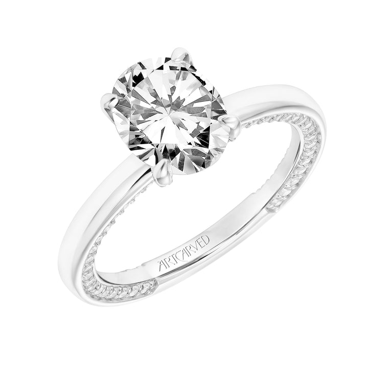 Diamond Engagement Ring with High Polished Shank with Diamond Accented Prongs & Row of Interior Diamonds.  Center Stone is not included.