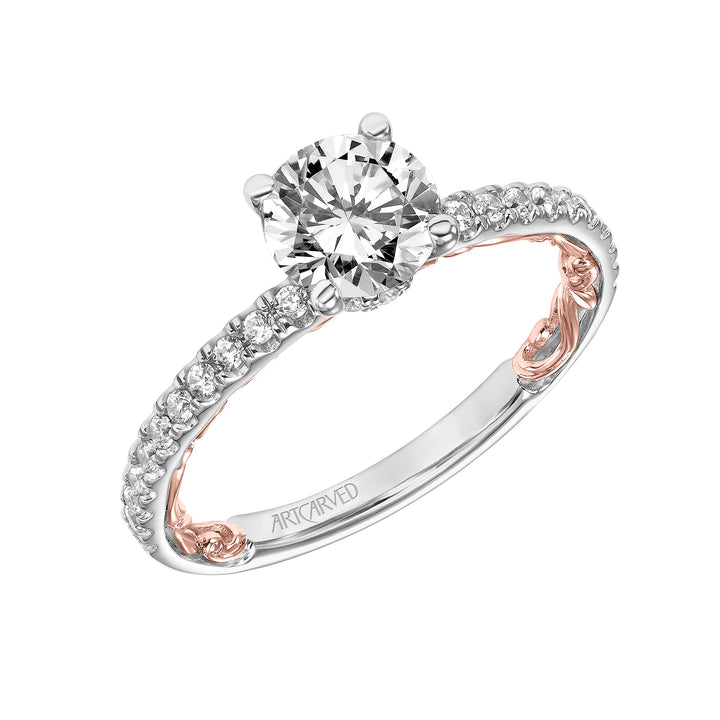 Lyric Engagement Ring with Diamond Collar and Inner Carved details and Diamond Shank.  Center Stone is not included.