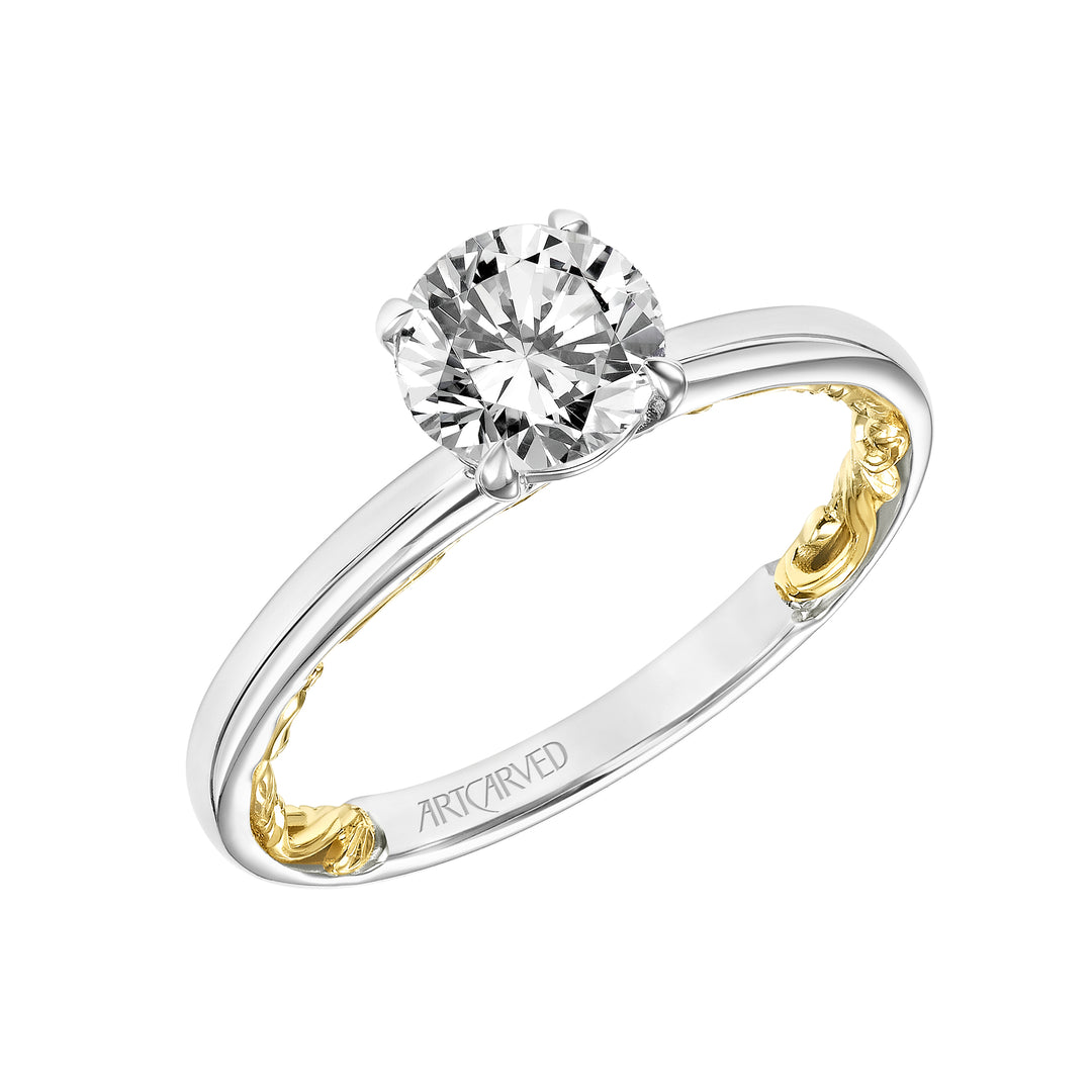 31-V905-E - ARTCARVED - Lyric Solitaire Diamond Engagement Ring  with Inner Carved details and Polished Shank