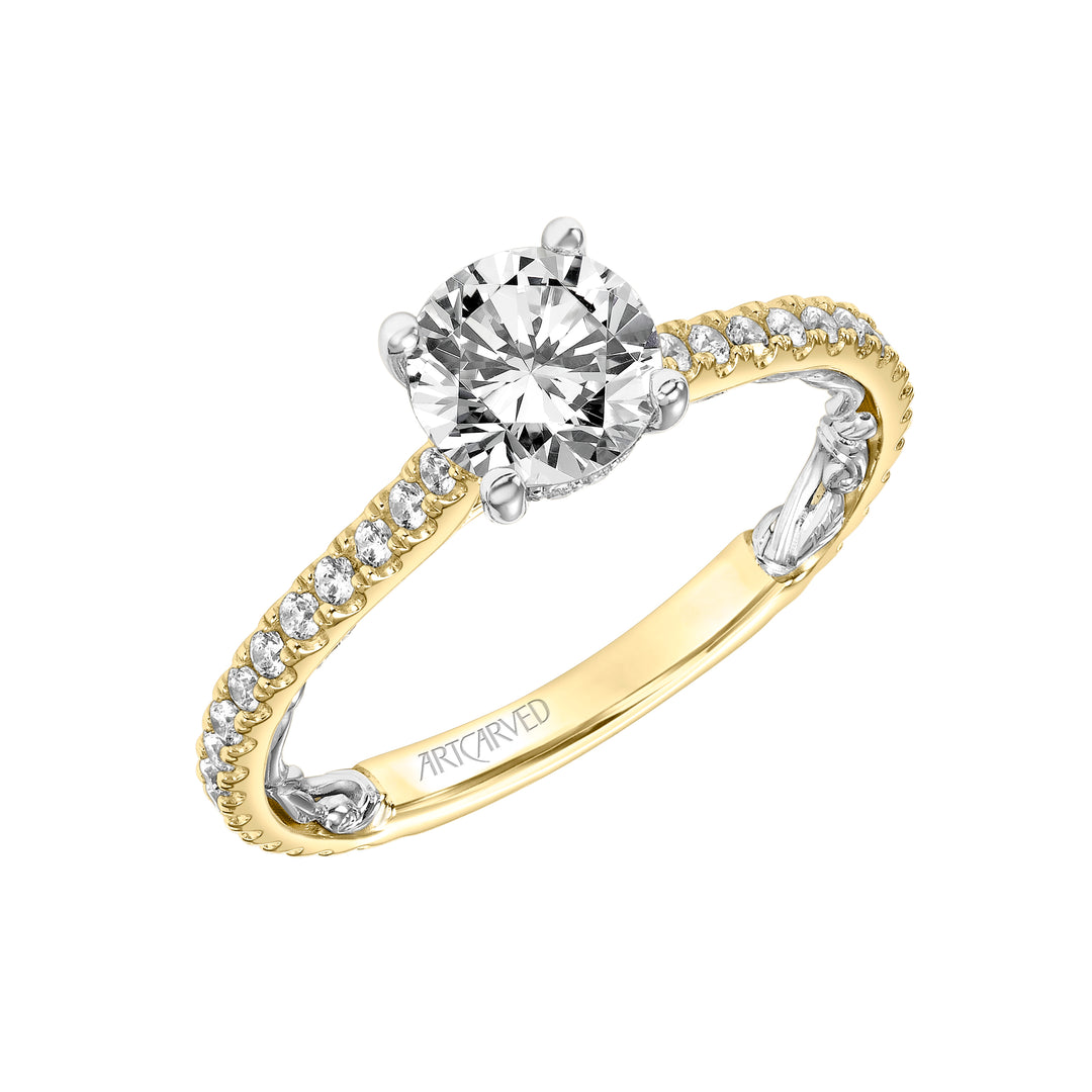 Lyric Engagement Ring with Inner Carved details and Diamond Shank.  Center Stone is not included.