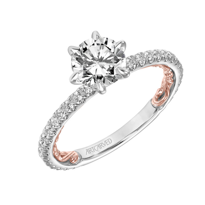 Lyric Engagement Ring with Six Prong Setting and Inner Carved details and Diamond Shank.  Center Stone is not included.