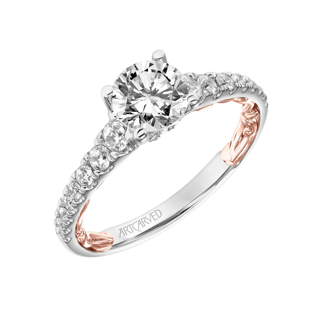 31-V911-E - ARTCARVED - Lyric Engagement Ring with Diamond Accent basket and Inner Carved details and Graduated Diamond Shank