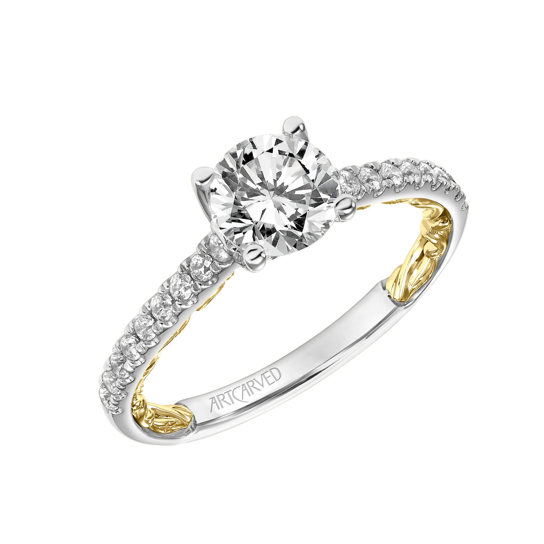 Lyric Engagement Ring with Diamond Accent basket and Inner Carved details and Graduated Diamond Shank.  Center Stone is not included.