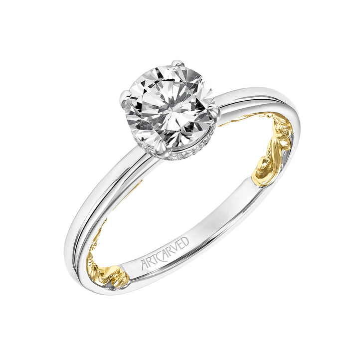 Lyric Solitaire Diamond Engagement Ring with Hidden Diamond Halo and Inner Carved details and Polished Shank.  Center Stone is not included.