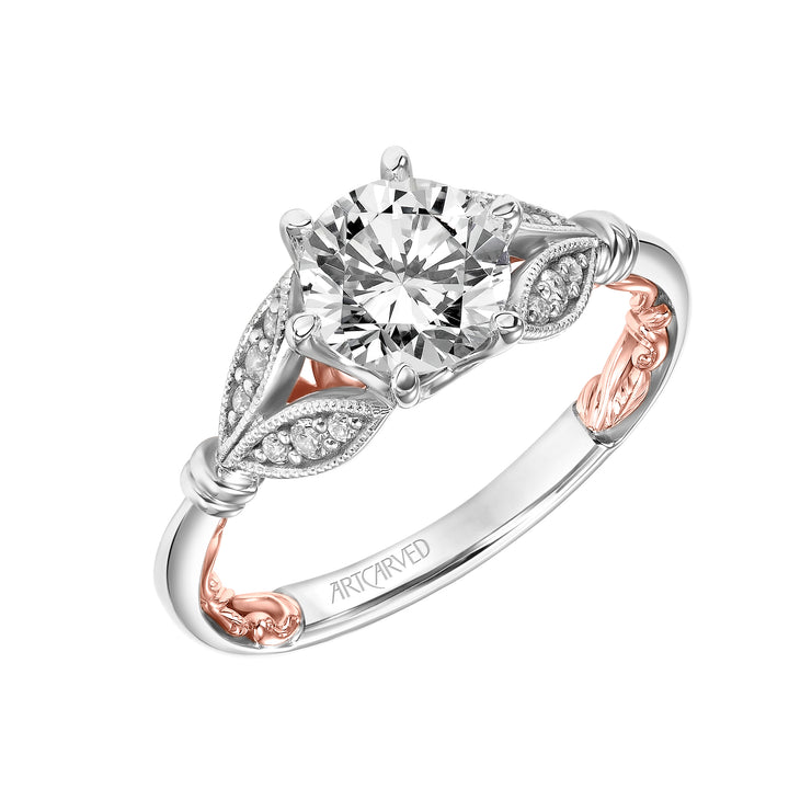 Lyric Engagement Ring with Six Prong Setting and Inner Carved details and Milgrian Petal Accents with Polished Shank.  Center Stone is not included.