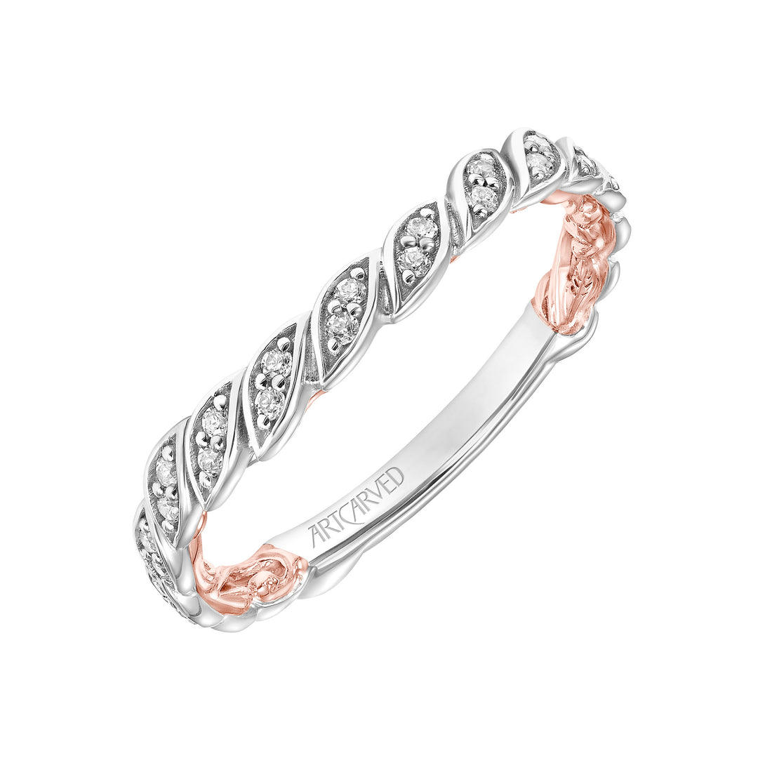 Lyric Curved Wedding Band with Milgrain Vine Motif Diamond Accents
